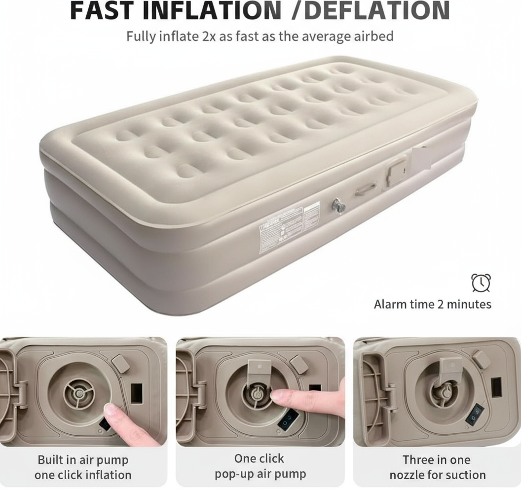 Single Air Bed with Built-in Pump | Inflatable Mattress for Home, Camping & Travel