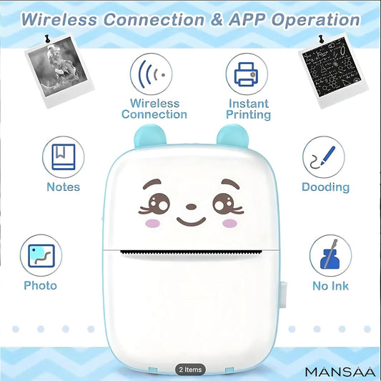 Mini Bluetooth Thermal Photo Printer – Cute Cat, Portable, Inkless, USB Rechargeable for Android/iOS, Sticker & Receipt Printing