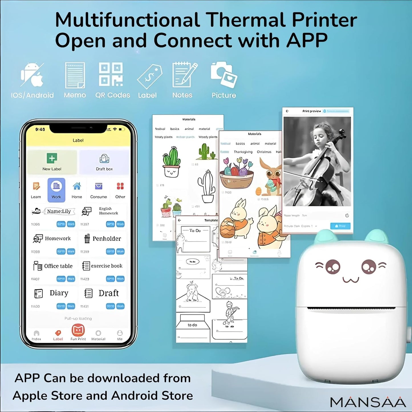 Mini Bluetooth Thermal Photo Printer – Cute Cat, Portable, Inkless, USB Rechargeable for Android/iOS, Sticker & Receipt Printing