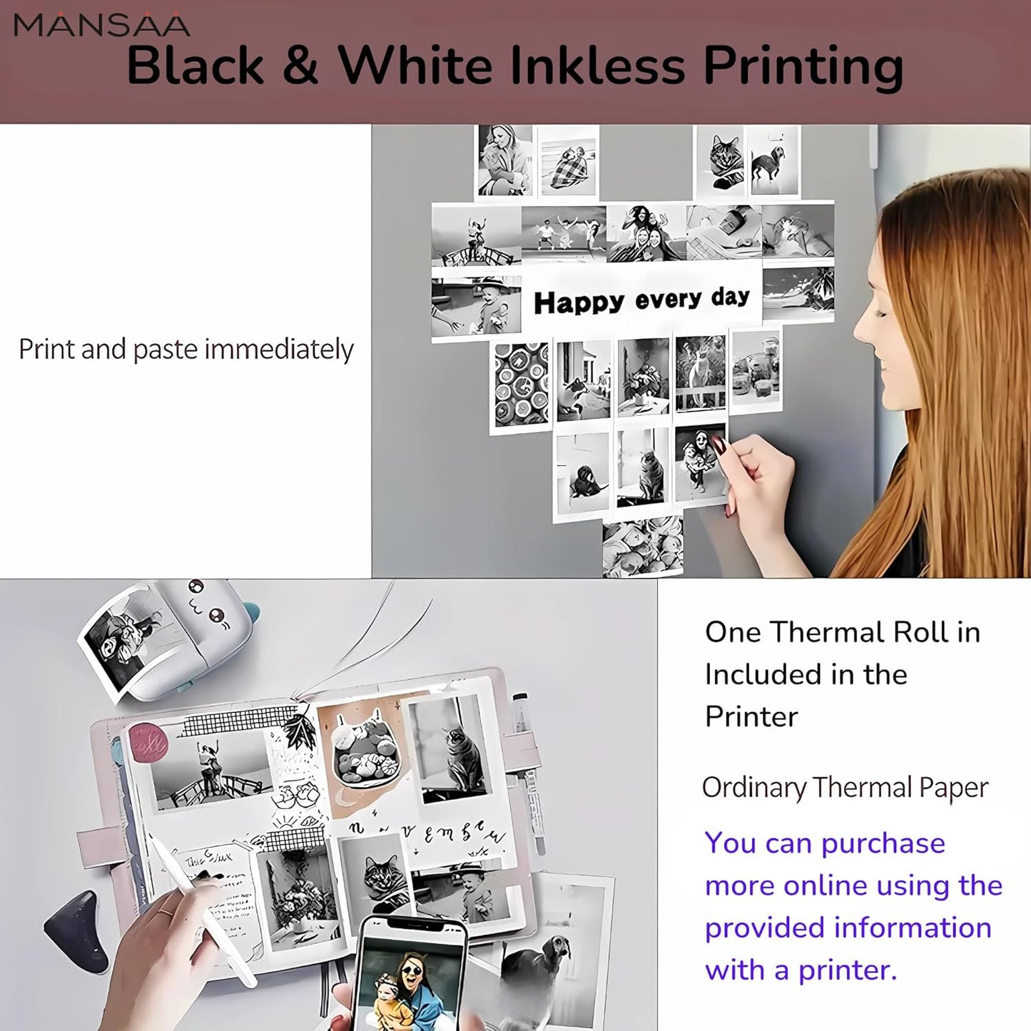 Mini Bluetooth Thermal Photo Printer – Cute Cat, Portable, Inkless, USB Rechargeable for Android/iOS, Sticker & Receipt Printing