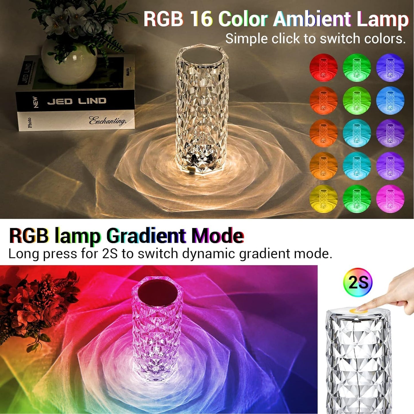 Rose Crystal Diamond LED Table Lamp | 16 Color Changing Touch Bedside Night Light with Remote