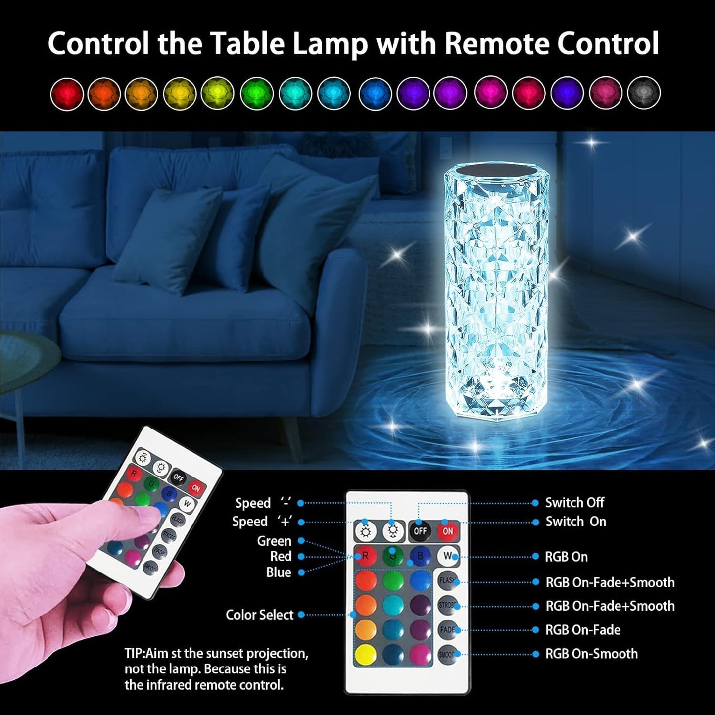 Rose Crystal Diamond LED Table Lamp | 16 Color Changing Touch Bedside Night Light with Remote