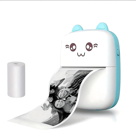 Mini Bluetooth Thermal Photo Printer – Cute Cat, Portable, Inkless, USB Rechargeable for Android/iOS, Sticker & Receipt Printing