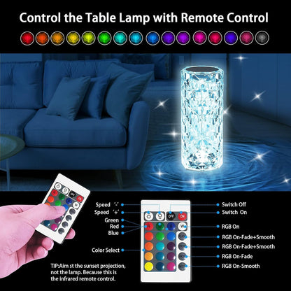 Rose Crystal Diamond LED Table Lamp | 16 Color Changing Touch Bedside Night Light with Remote